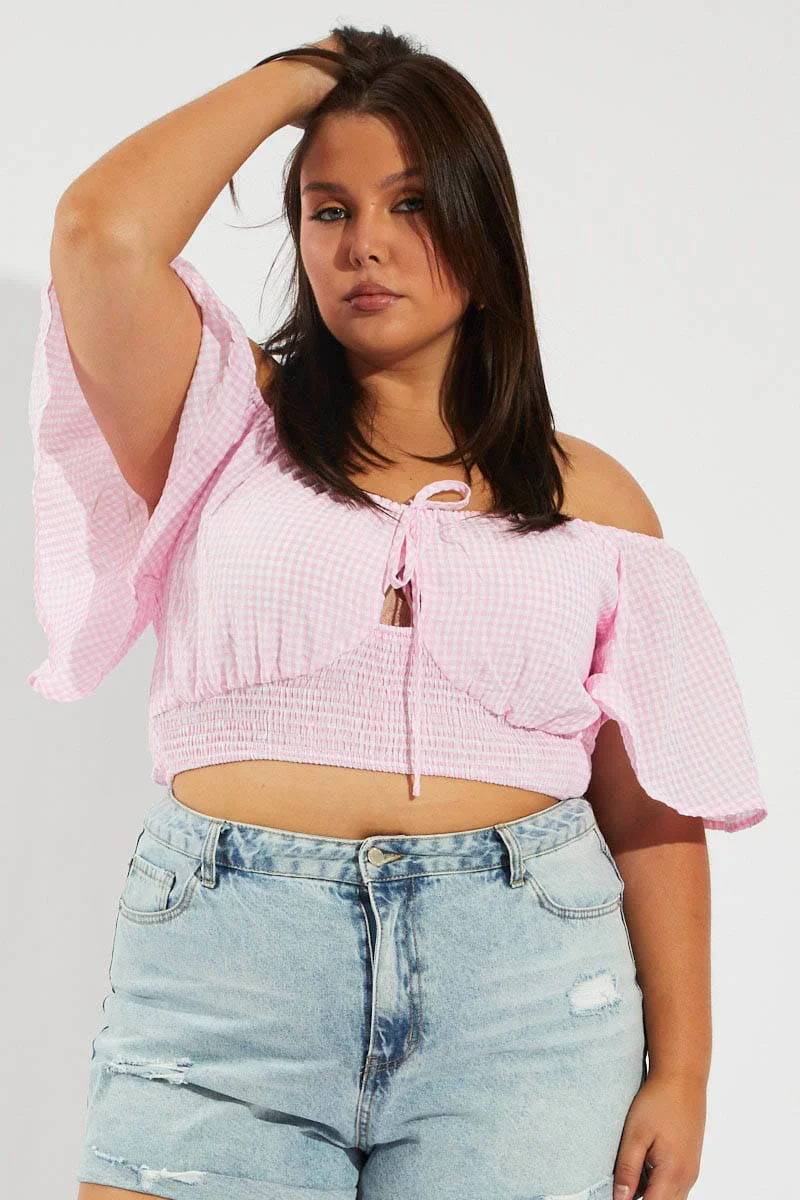 Pink Check Crop Top Short Sleeve Cut Out - Image 3