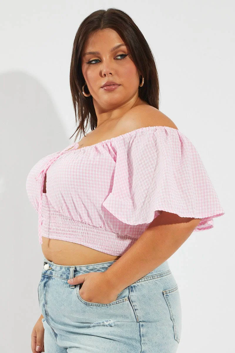 Pink Check Crop Top Short Sleeve Cut Out - Image 4