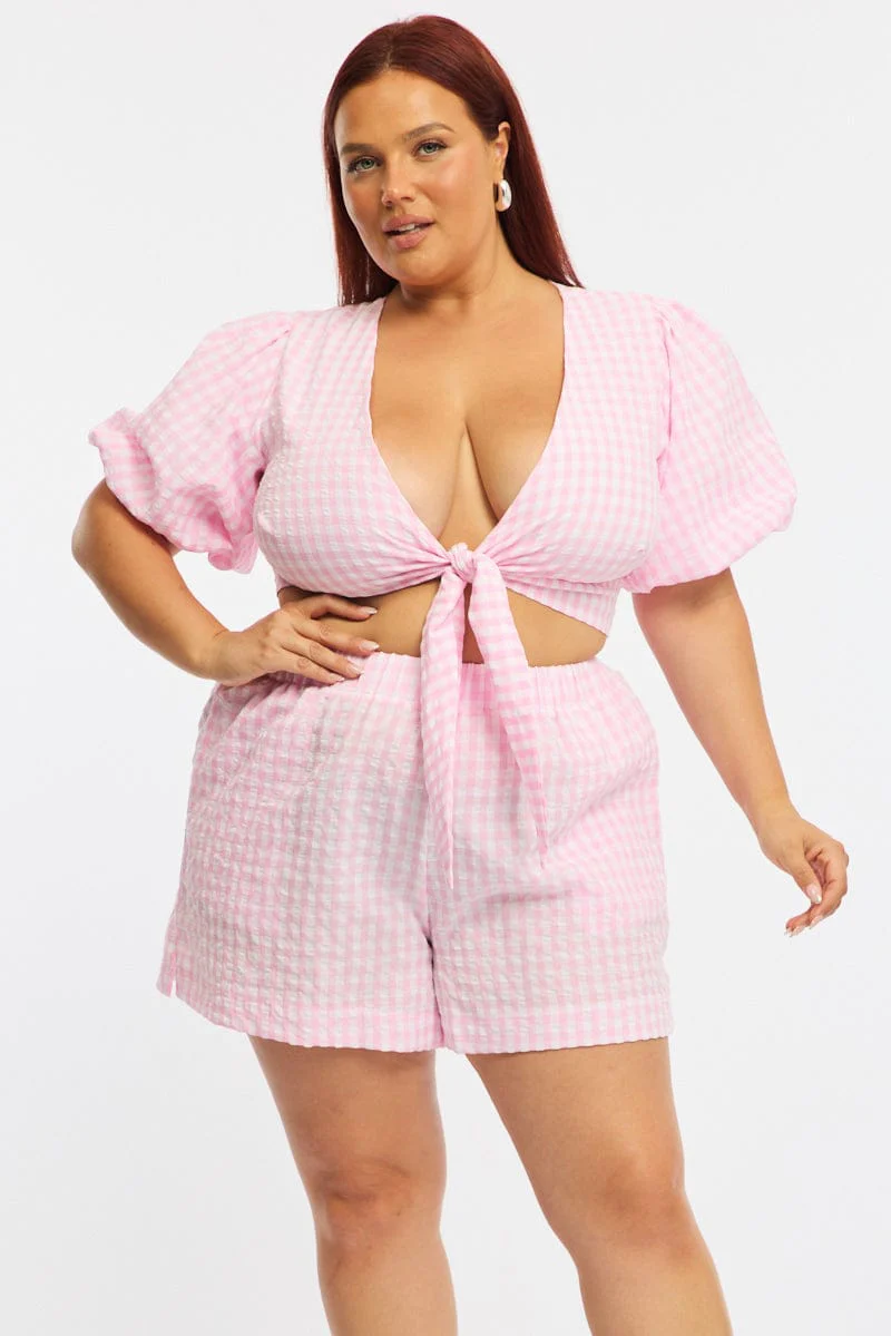 Pink Check Elastic Waist Shorts