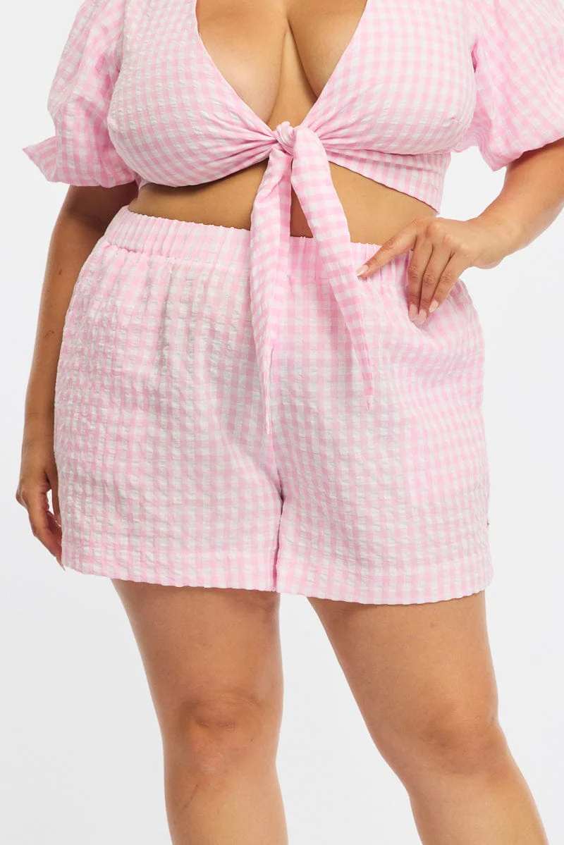 Pink Check Elastic Waist Shorts - Image 2