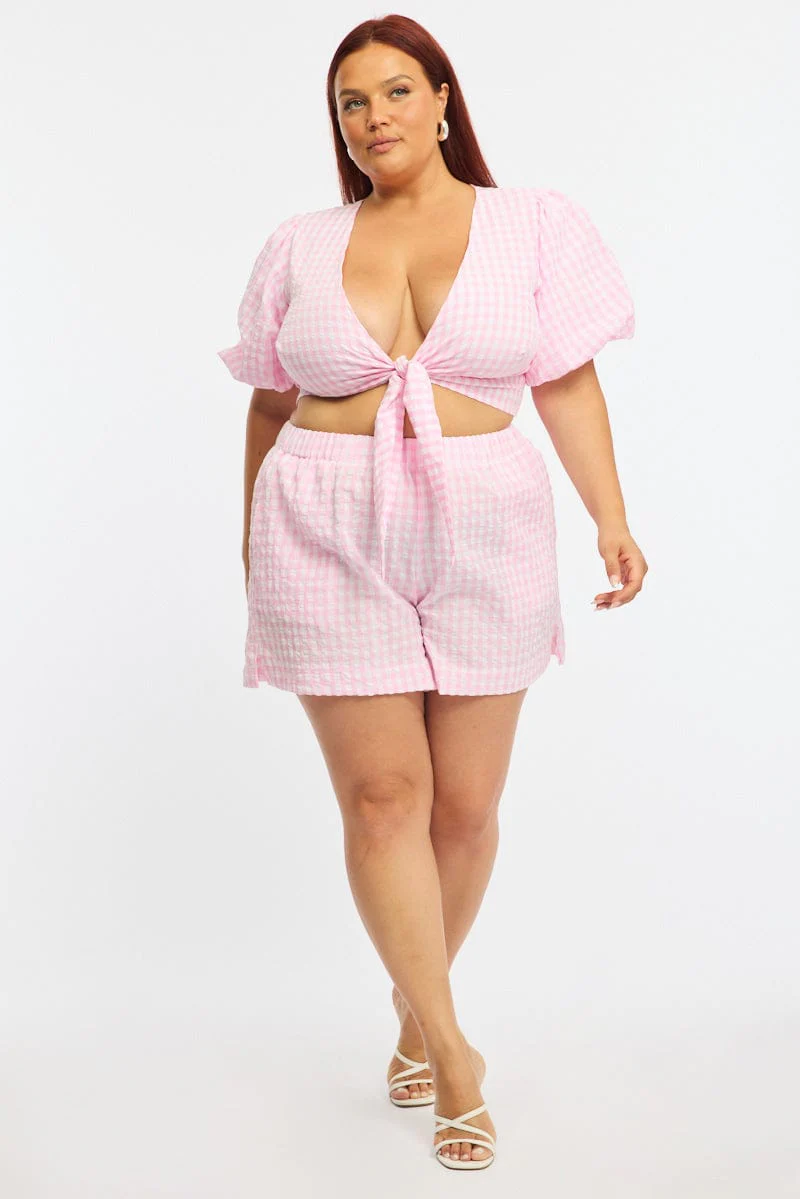 Pink Check Elastic Waist Shorts - Image 3