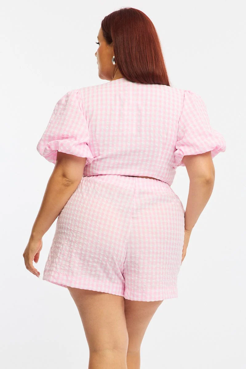 Pink Check Elastic Waist Shorts - Image 5