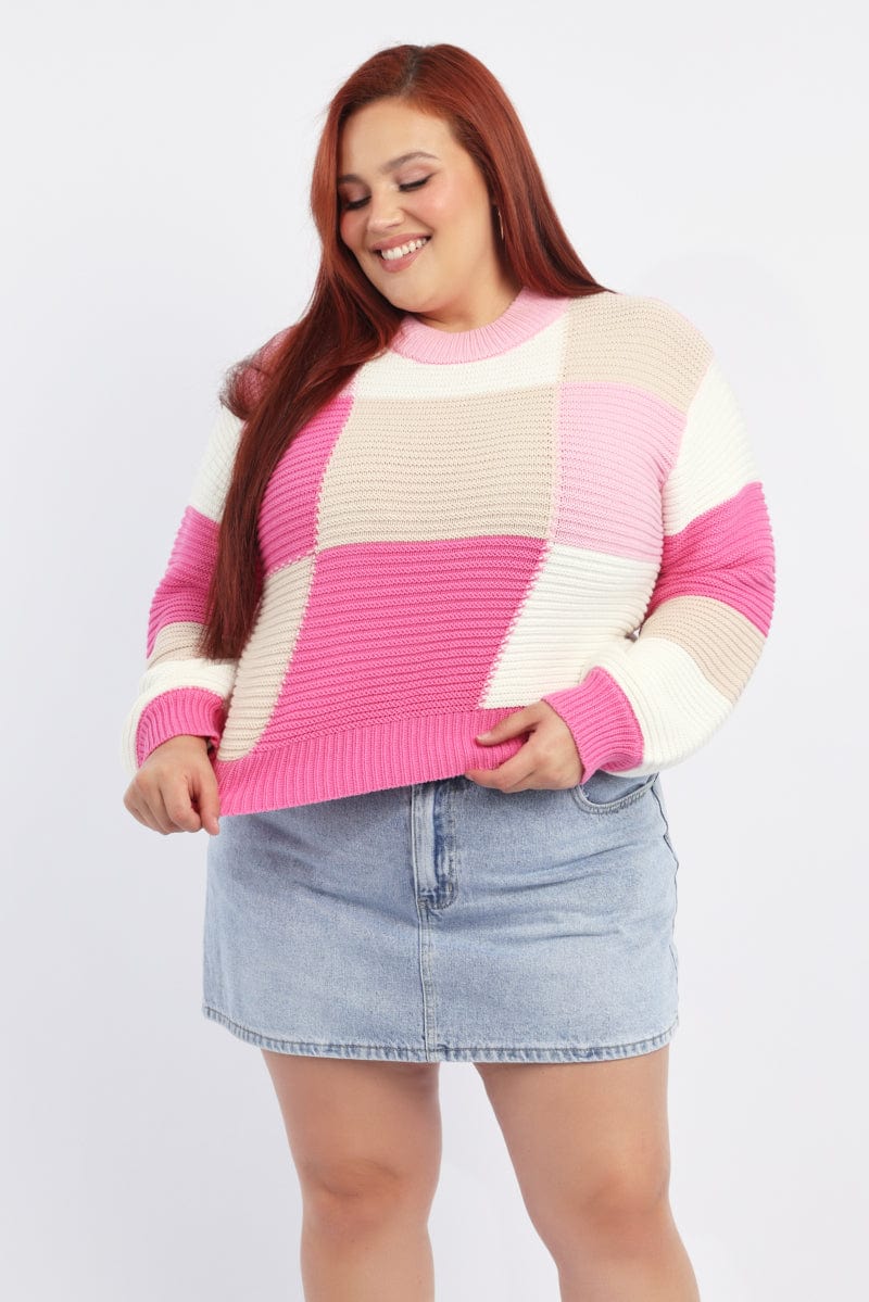 Pink Check Jumper Knitwear Crew Neck