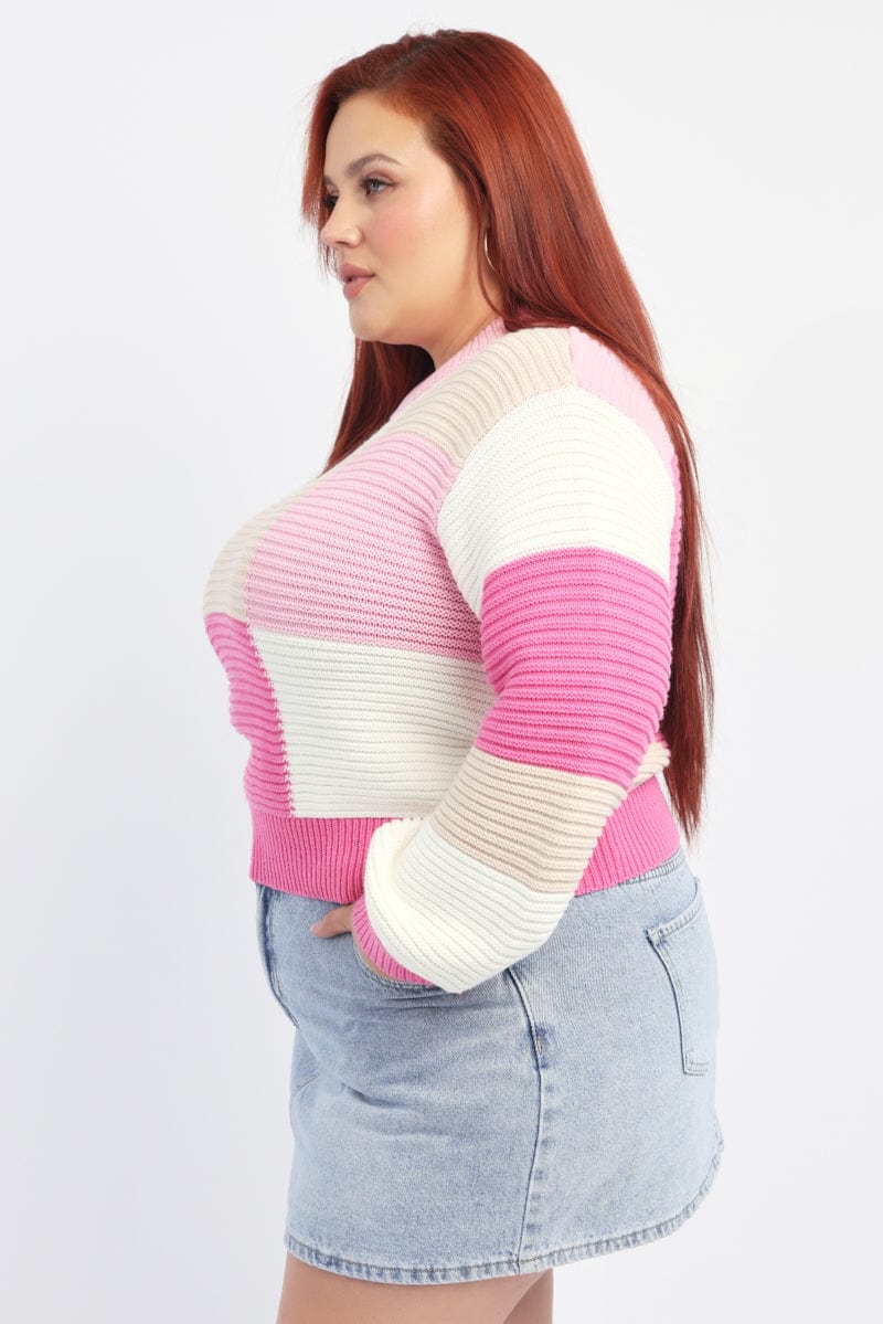 Pink Check Jumper Knitwear Crew Neck - Image 3