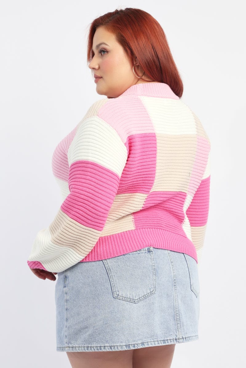 Pink Check Jumper Knitwear Crew Neck - Image 4
