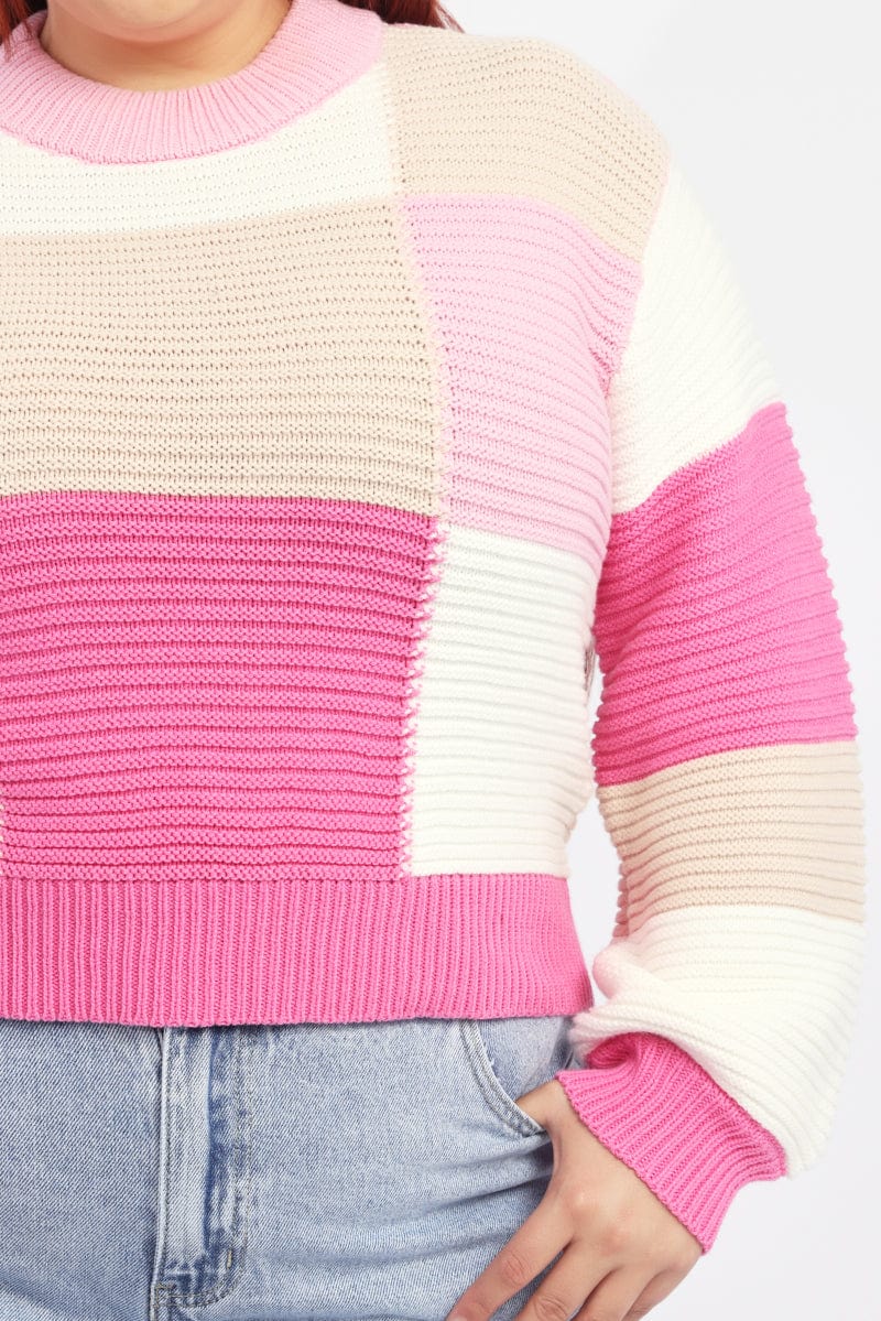 Pink Check Jumper Knitwear Crew Neck - Image 5