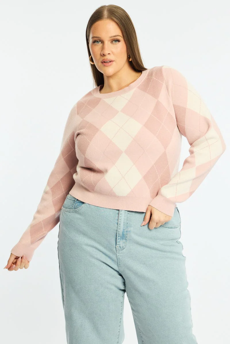 Pink Check Knit Top Long Sleeve Argyle - Image 3