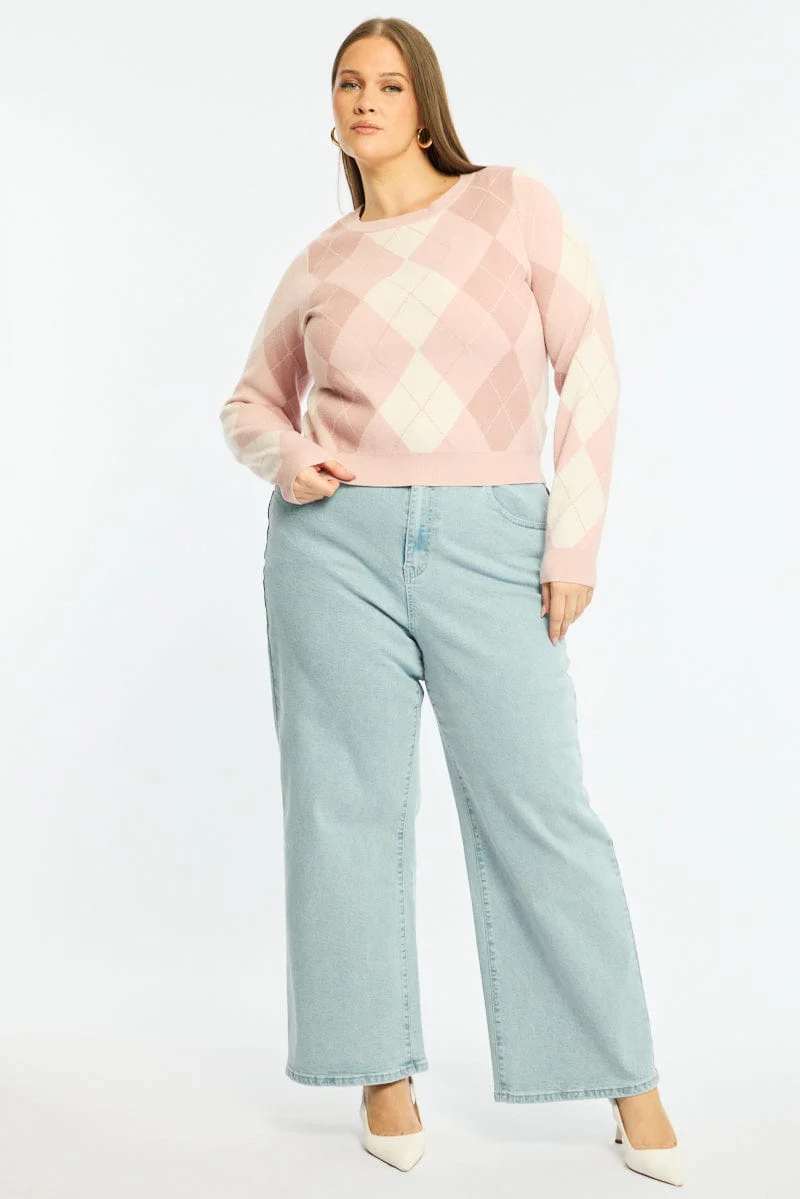 Pink Check Knit Top Long Sleeve Argyle - Image 4