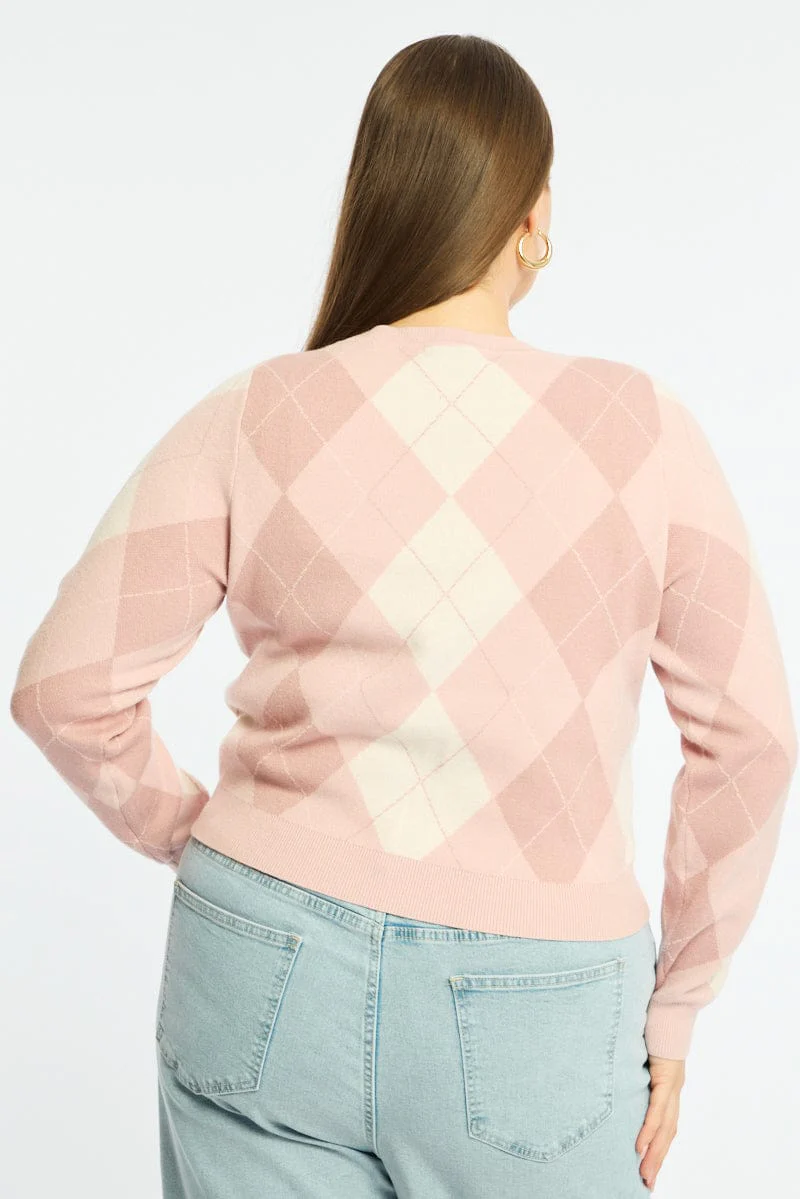 Pink Check Knit Top Long Sleeve Argyle - Image 6