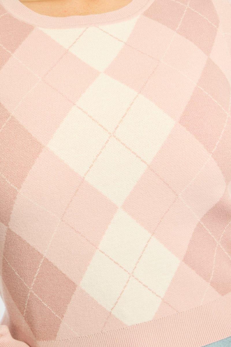 Pink Check Knit Top Long Sleeve Argyle - Image 7