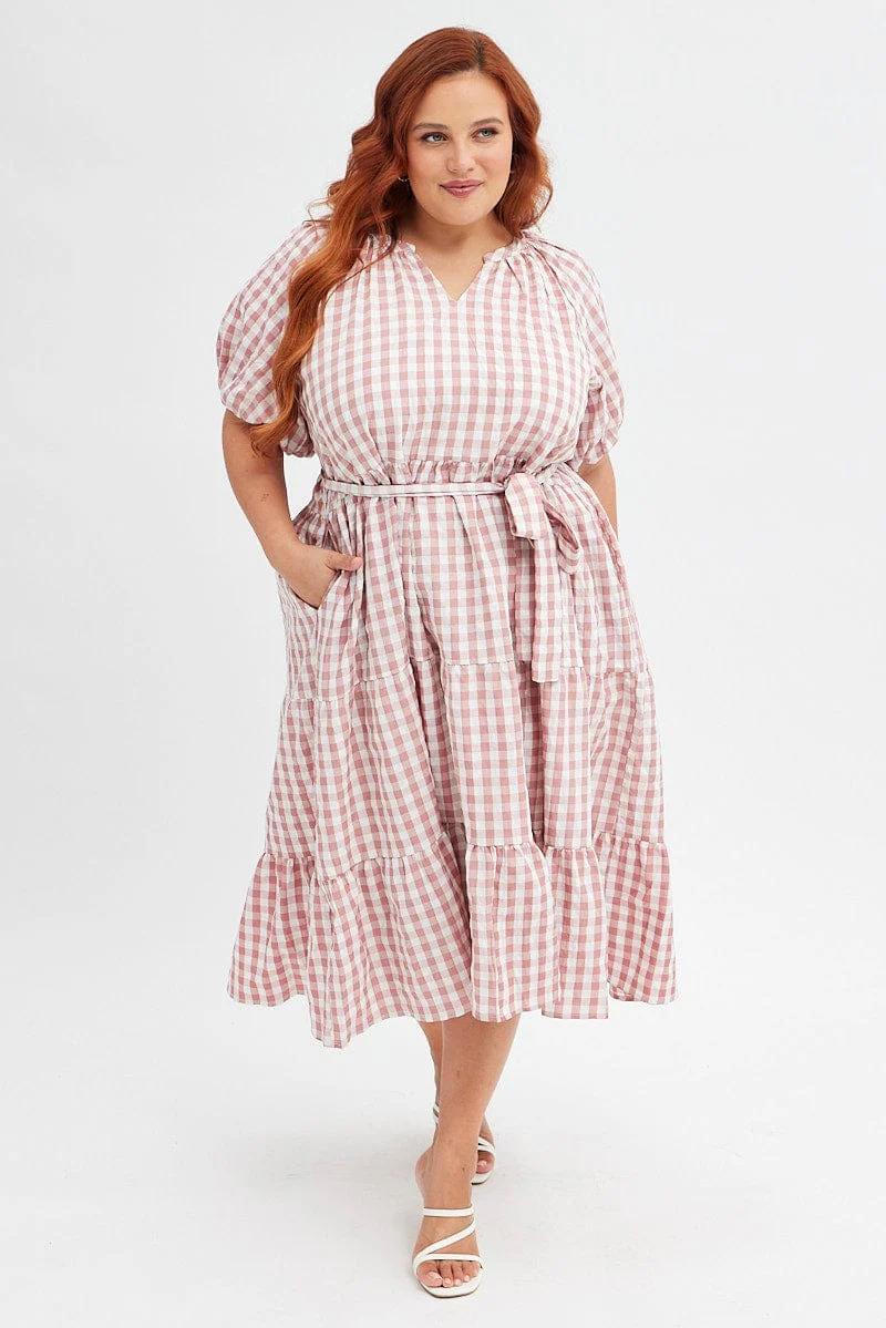 Pink Check Midi Dress Gingham Tie Waist Collared - Image 3