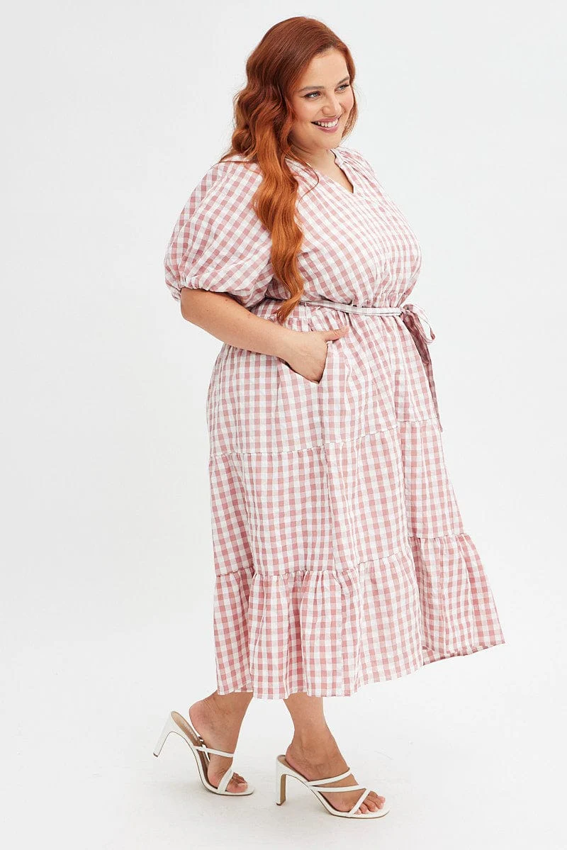 Pink Check Midi Dress Gingham Tie Waist Collared - Image 4