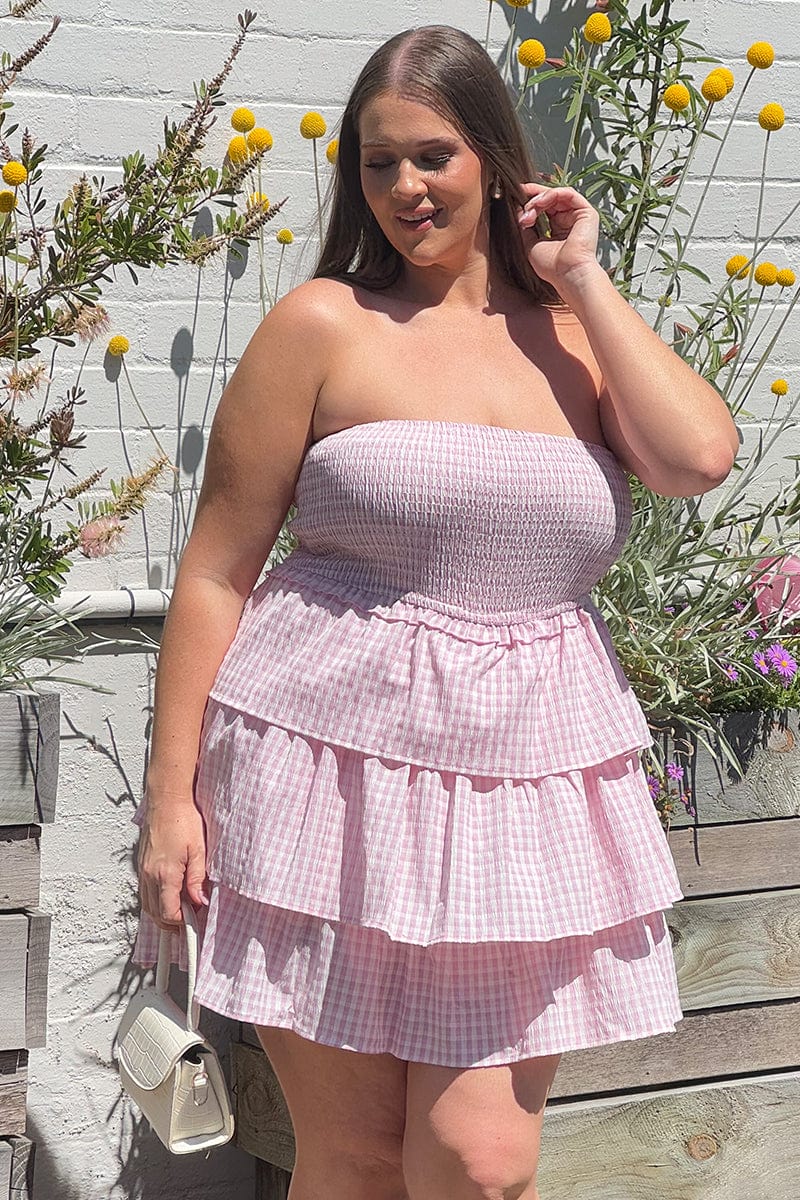 Pink Check Playsuit Strapless Shirred Body