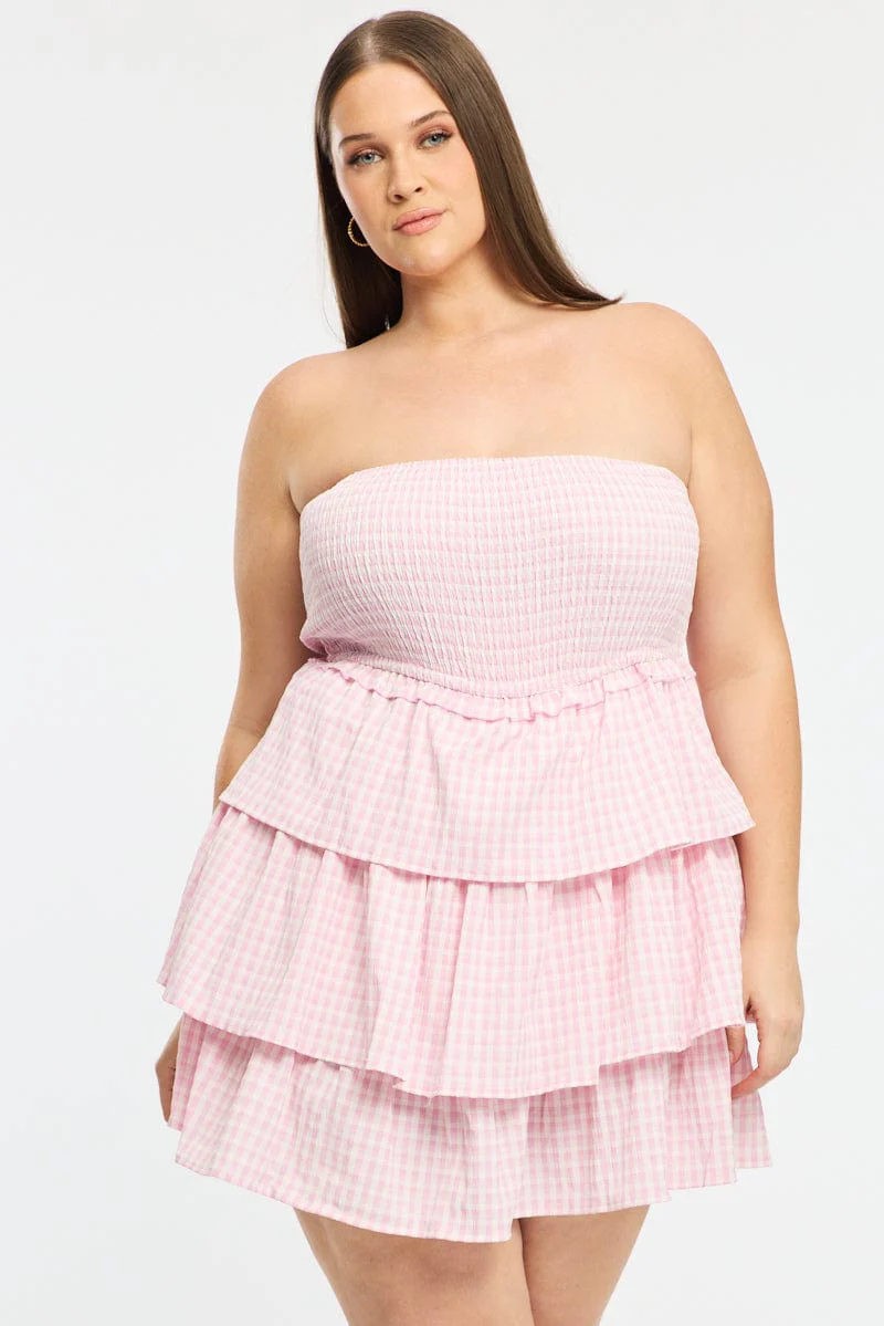 Pink Check Playsuit Strapless Shirred Body - Image 2