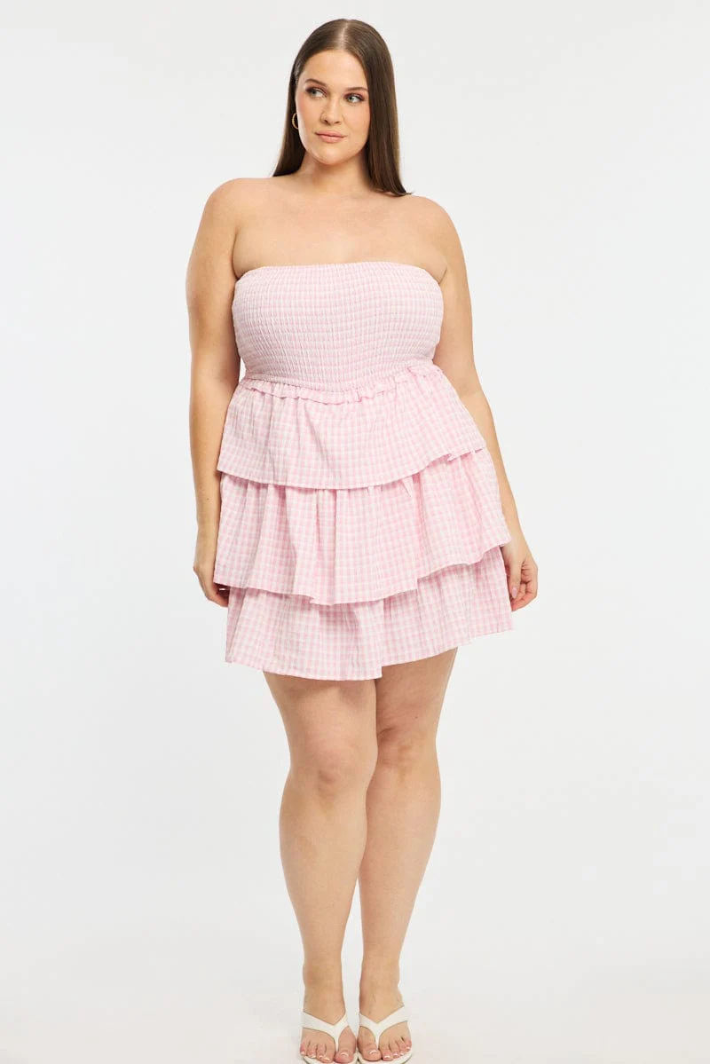 Pink Check Playsuit Strapless Shirred Body - Image 3