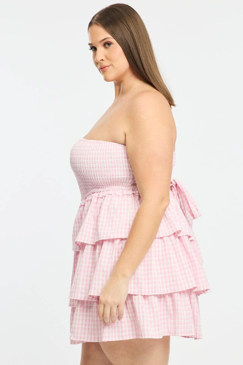Pink Check Playsuit Strapless Shirred Body - Image 4