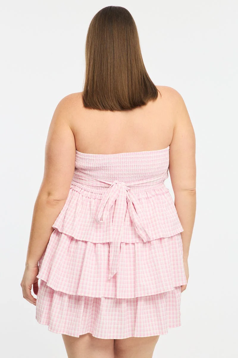 Pink Check Playsuit Strapless Shirred Body - Image 5