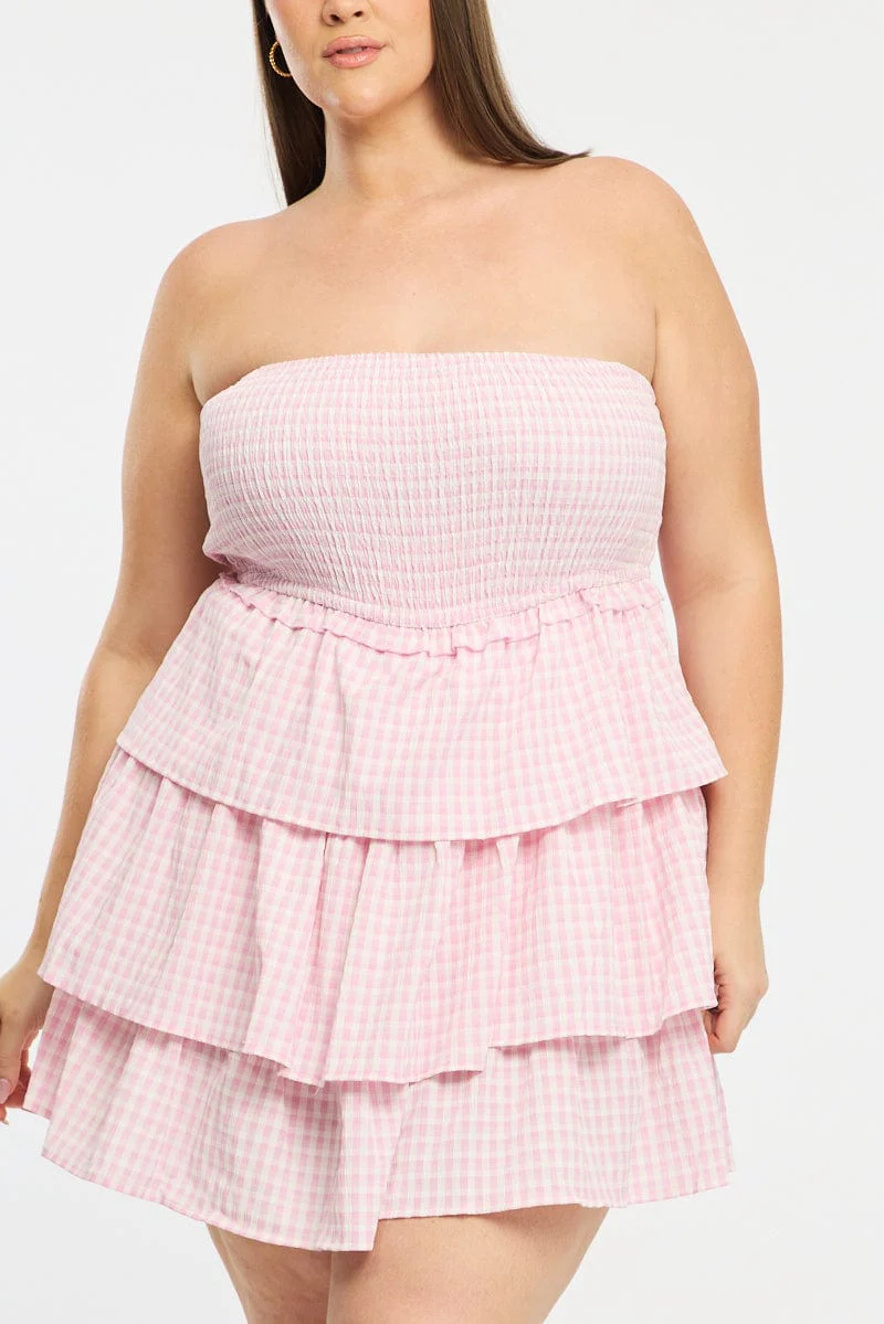 Pink Check Playsuit Strapless Shirred Body - Image 6