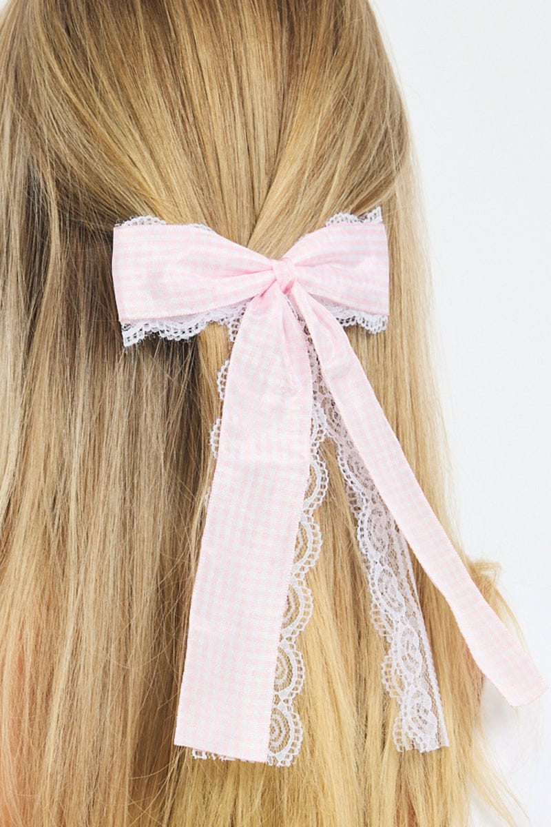 Pink Check Print Hair Bow - Image 2