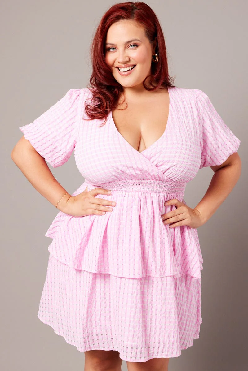 Pink Check Shirred Waistband Layer Minidress - Image 3
