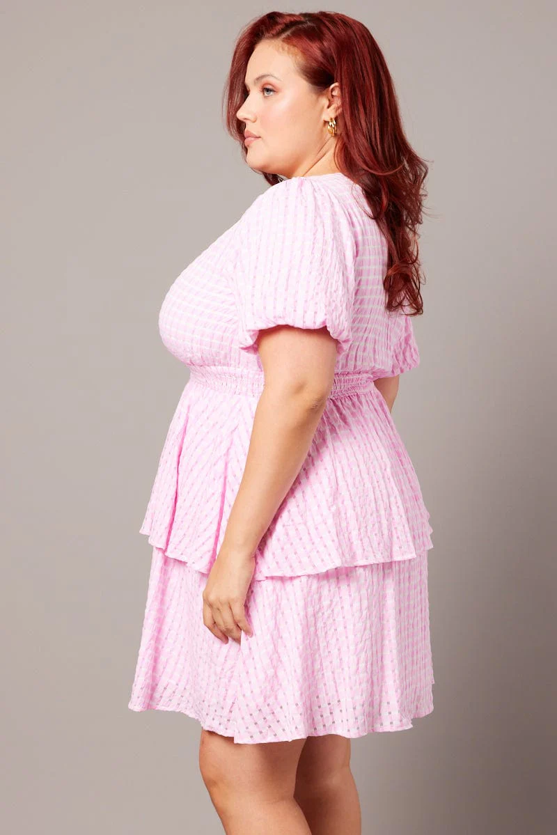 Pink Check Shirred Waistband Layer Minidress - Image 4