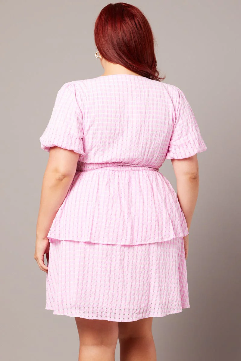 Pink Check Shirred Waistband Layer Minidress - Image 5