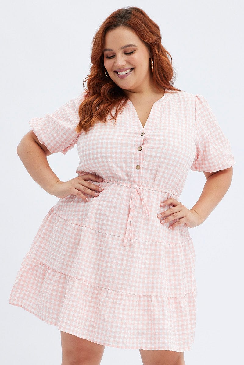 Pink Check Shirt Dress Short Sleeve Tiered - Image 3