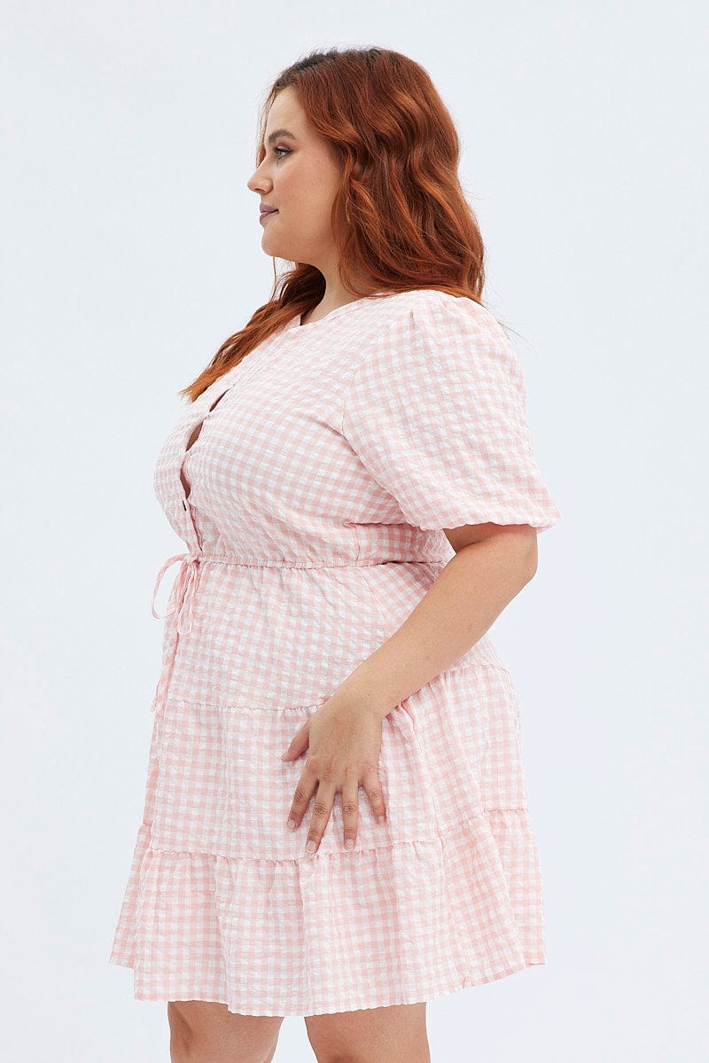 Pink Check Shirt Dress Short Sleeve Tiered - Image 4