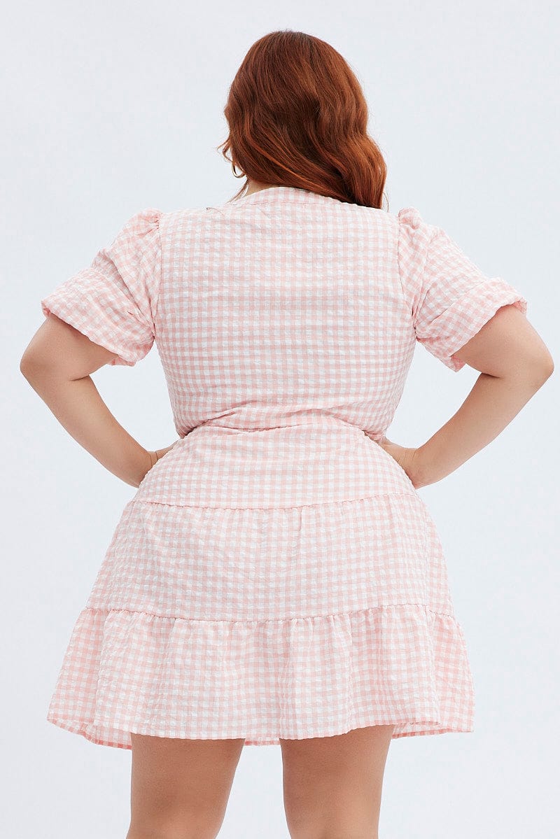 Pink Check Shirt Dress Short Sleeve Tiered - Image 5