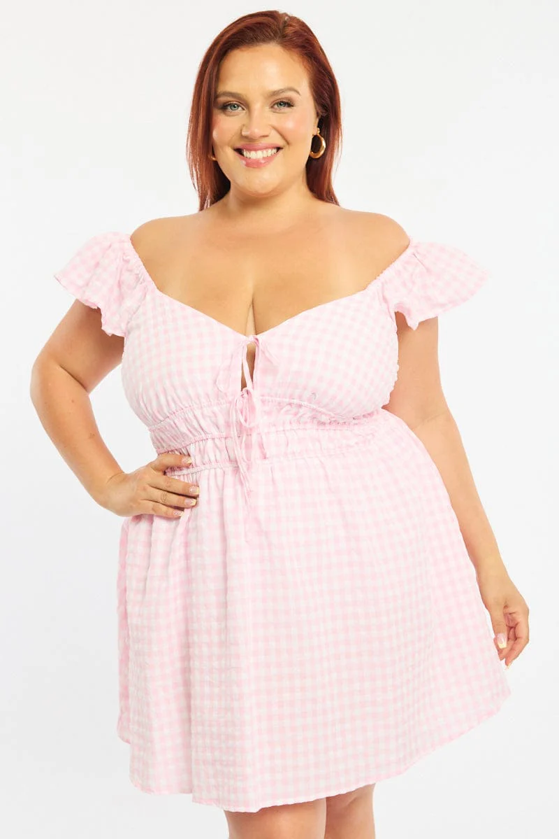Pink Check Skater Dress Short Sleeve