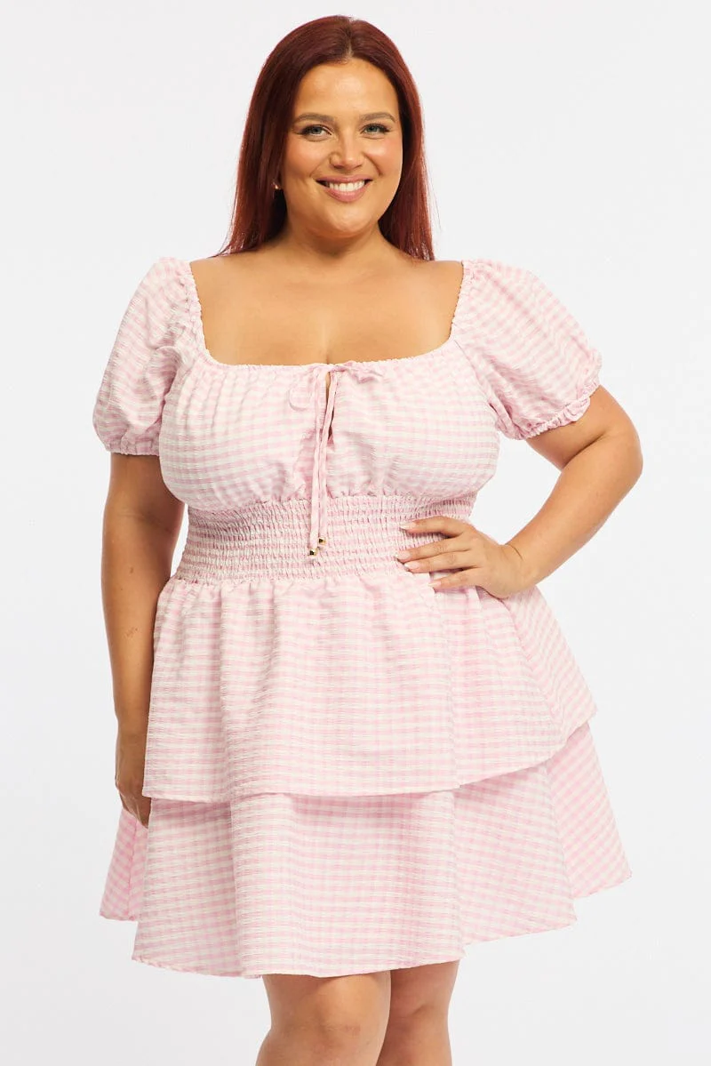 Pink Check Skater Dress Short Sleeve Shirred Waist Textured