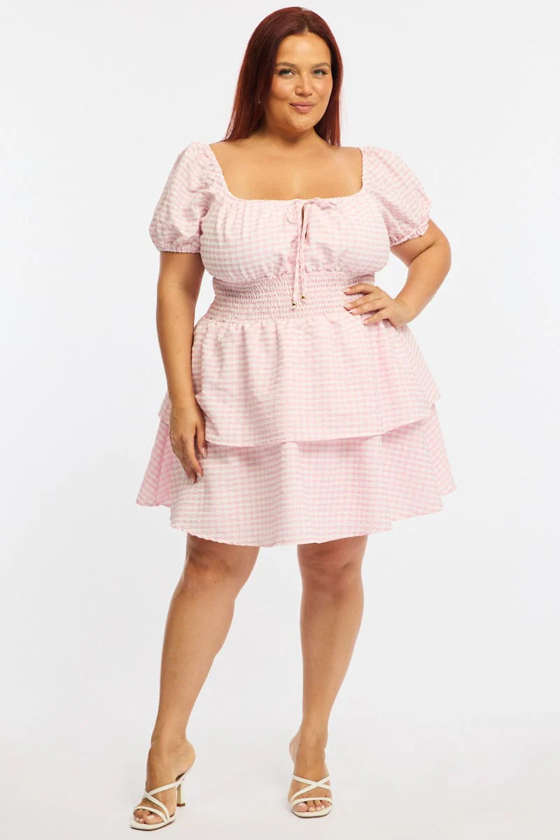 Pink Check Skater Dress Short Sleeve Shirred Waist Textured - Image 2