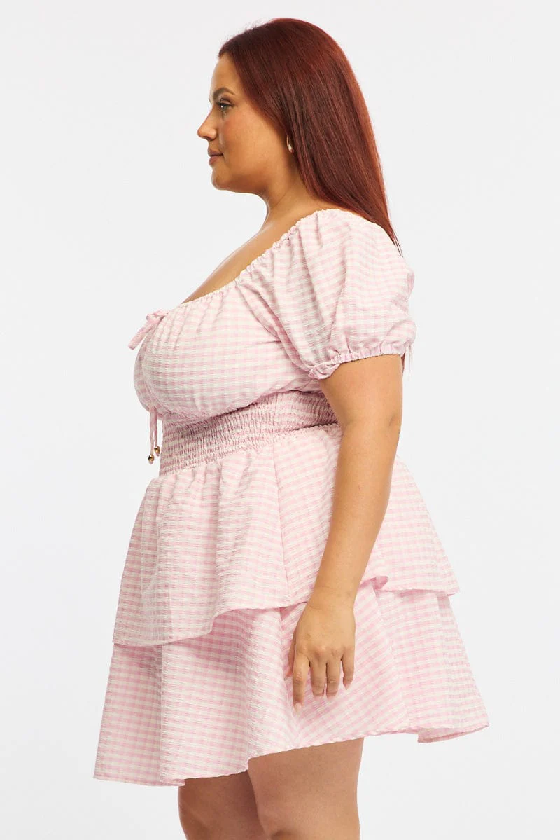 Pink Check Skater Dress Short Sleeve Shirred Waist Textured - Image 3