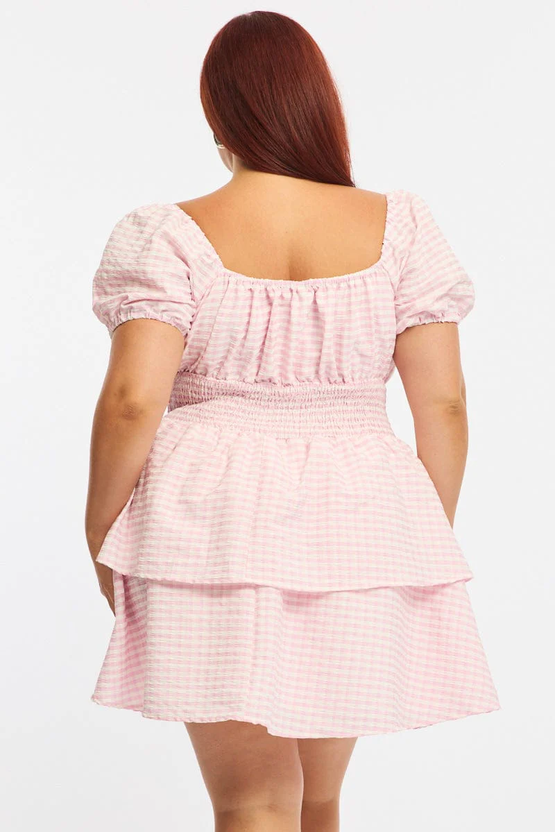 Pink Check Skater Dress Short Sleeve Shirred Waist Textured - Image 4