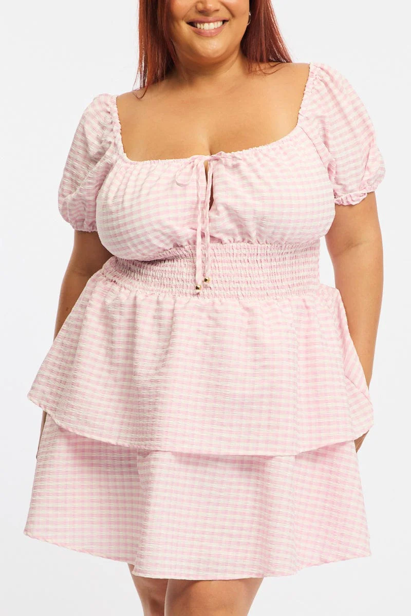 Pink Check Skater Dress Short Sleeve Shirred Waist Textured - Image 5