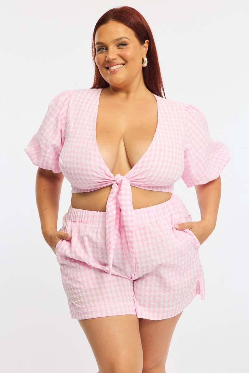 Pink Check Tie Up Bolero Short Sleeve
