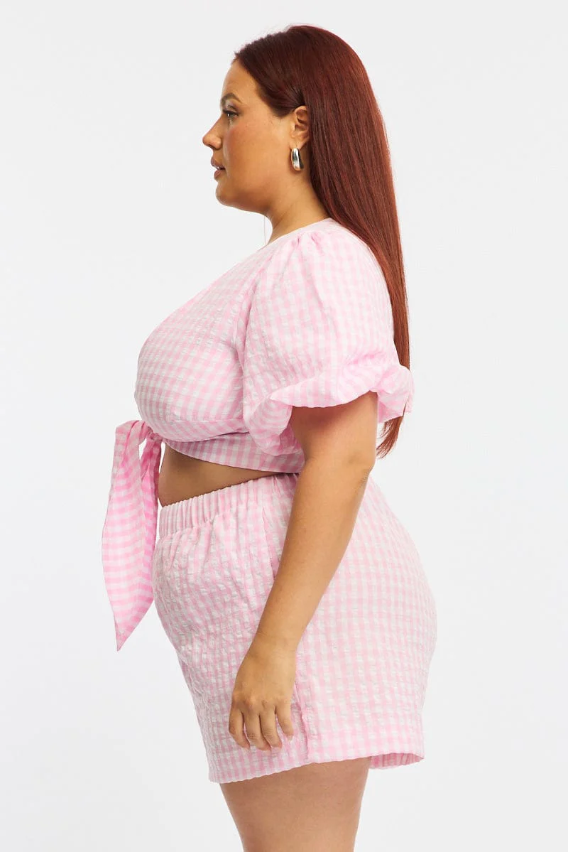 Pink Check Tie Up Bolero Short Sleeve - Image 3