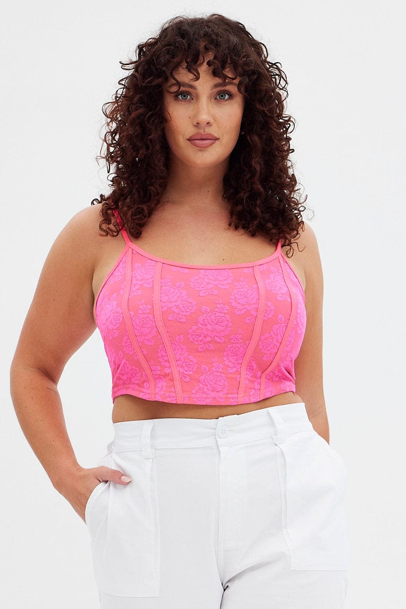 Pink Corset Top Stretch Lace Scoop Crop - Image 3