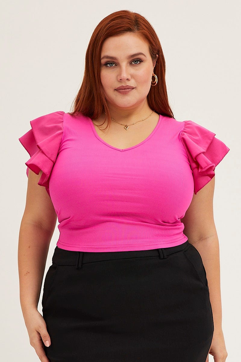 Pink Cotton Top Crew Neck Layered Flutter Sleeve - Image 3