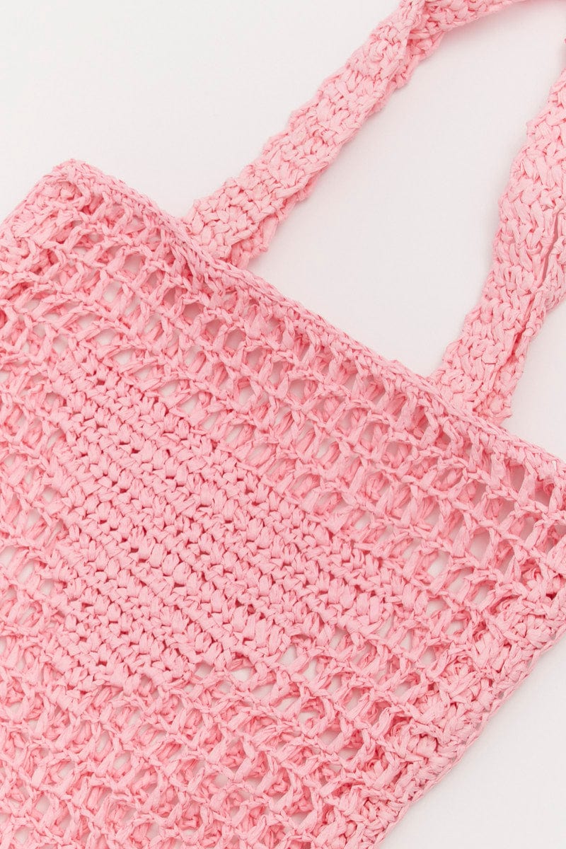 Pink Crochet Straw Tote Bag - Image 2