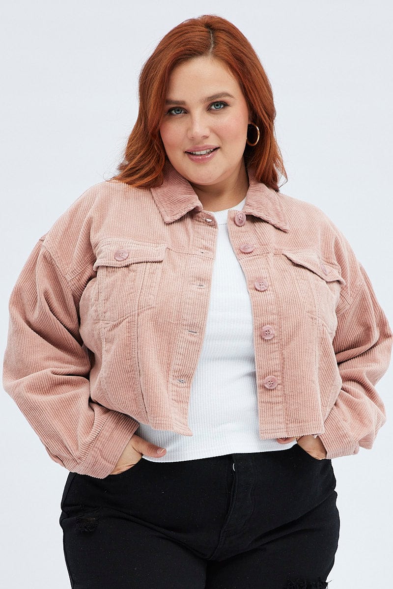 Pink Crop Jacket Corduroy Button Front - Image 3