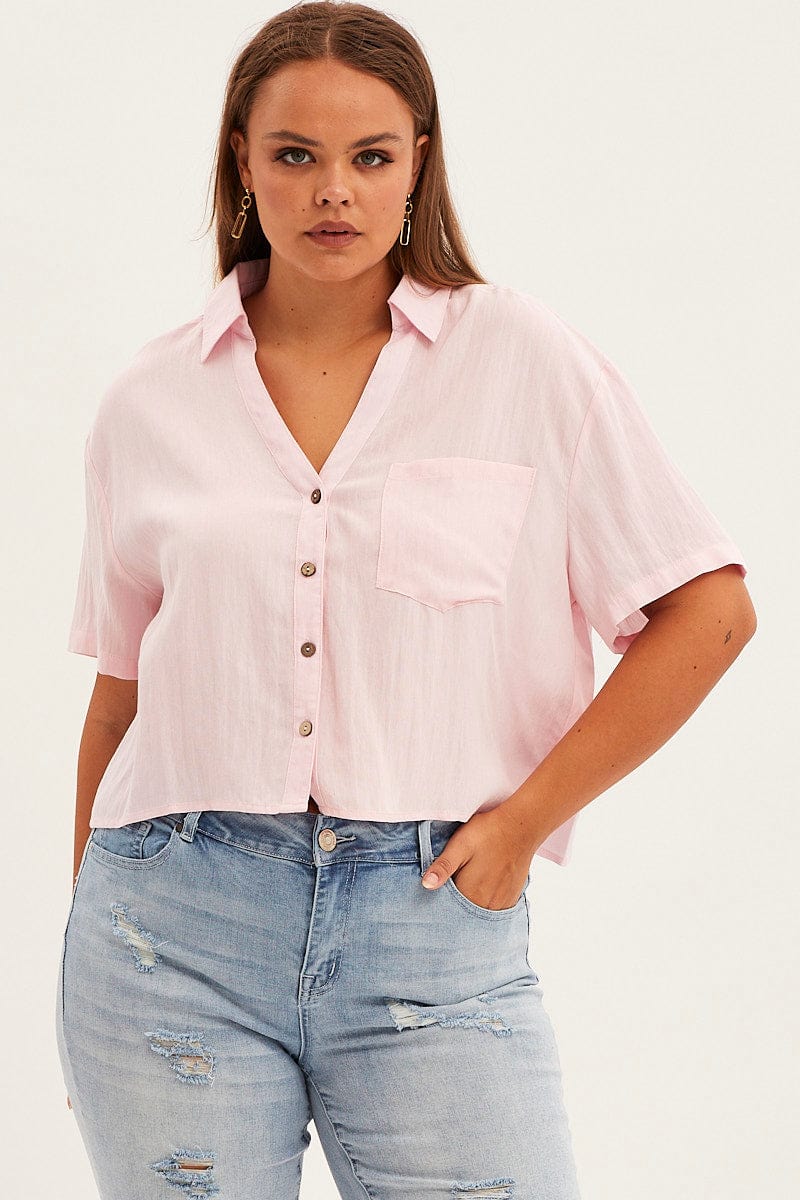 Pink Crop Shirt Short Sleeve Button Up - Image 3