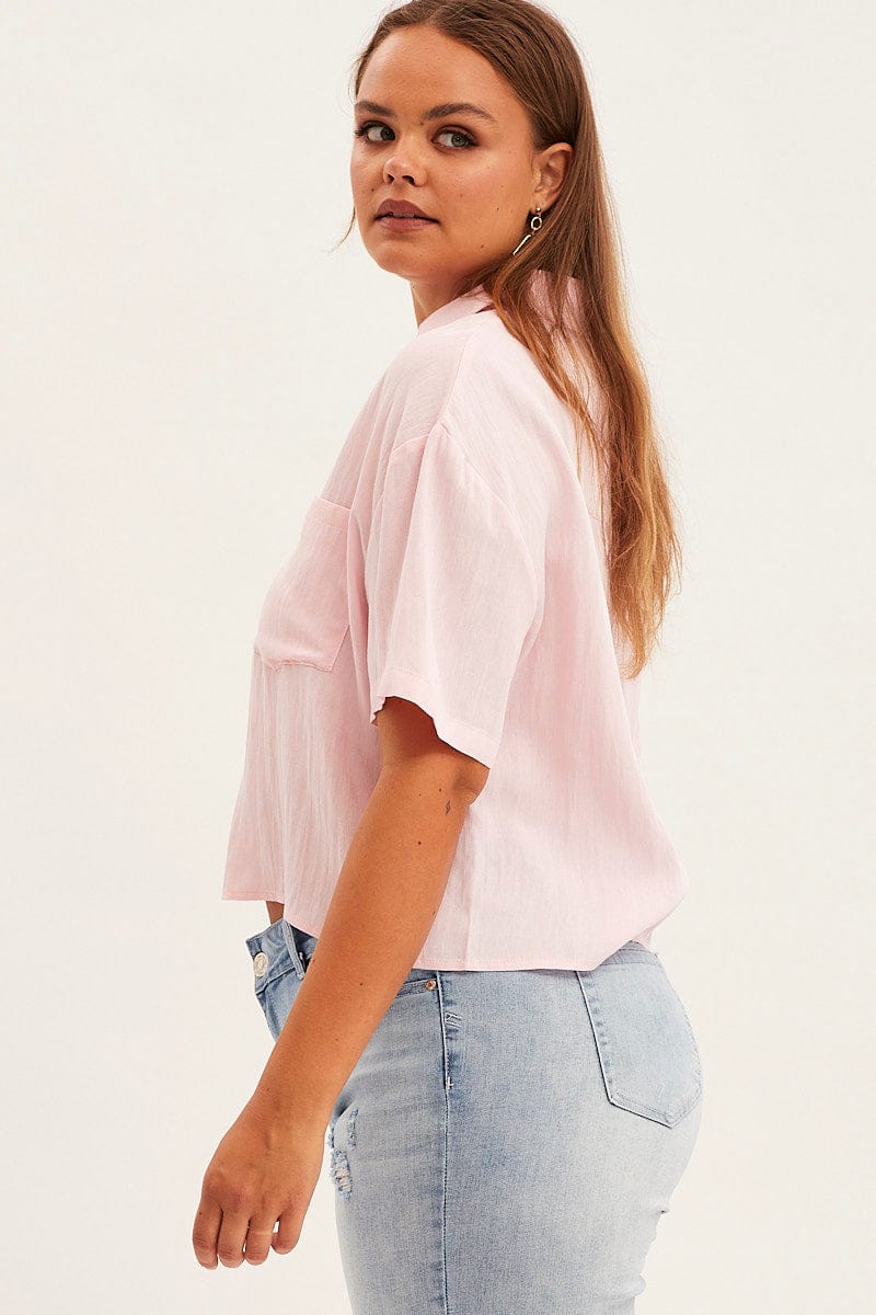 Pink Crop Shirt Short Sleeve Button Up - Image 4