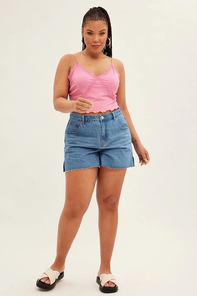 Pink Crop Singlet Shoestring Strap Rib Lace Trim - Image 2