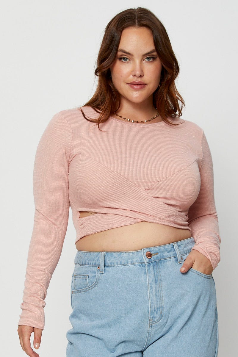 Pink Crop Top Crew Neck Long Sleeve Cross Front - Image 3