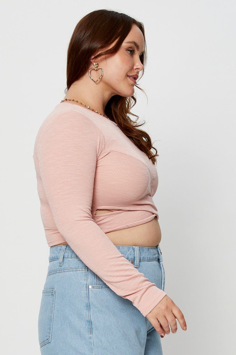 Pink Crop Top Crew Neck Long Sleeve Cross Front - Image 4