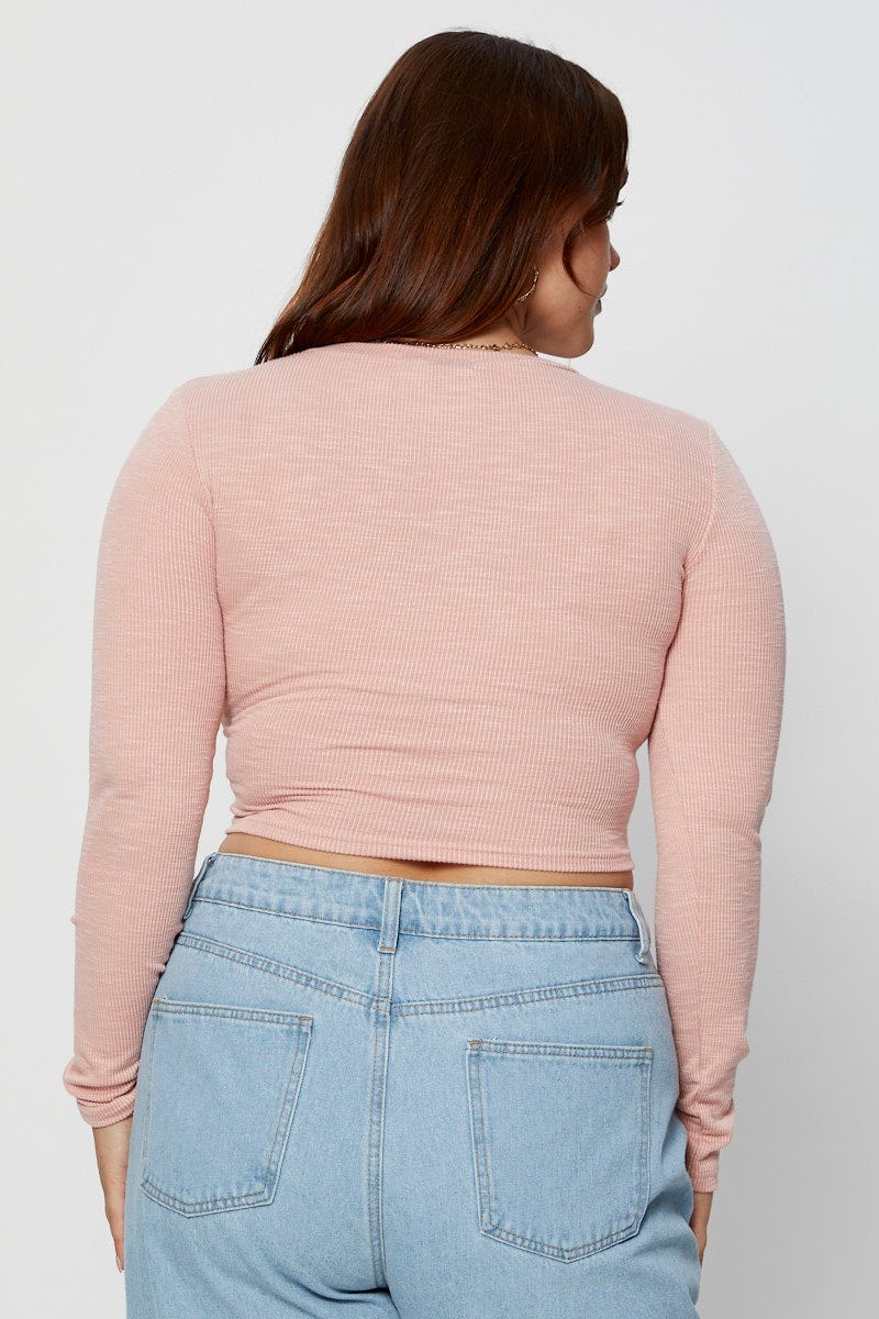 Pink Crop Top Crew Neck Long Sleeve Cross Front - Image 5
