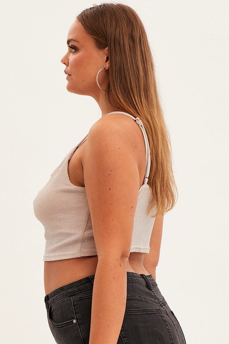 Pink Crop Top Cross Back Cowl Neck Top Lurex - Image 5