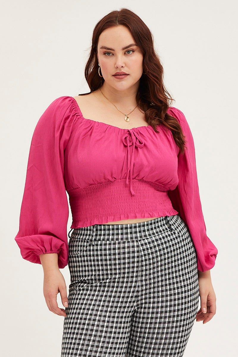 Pink Crop Top Long Sleeve Shirred - Image 3