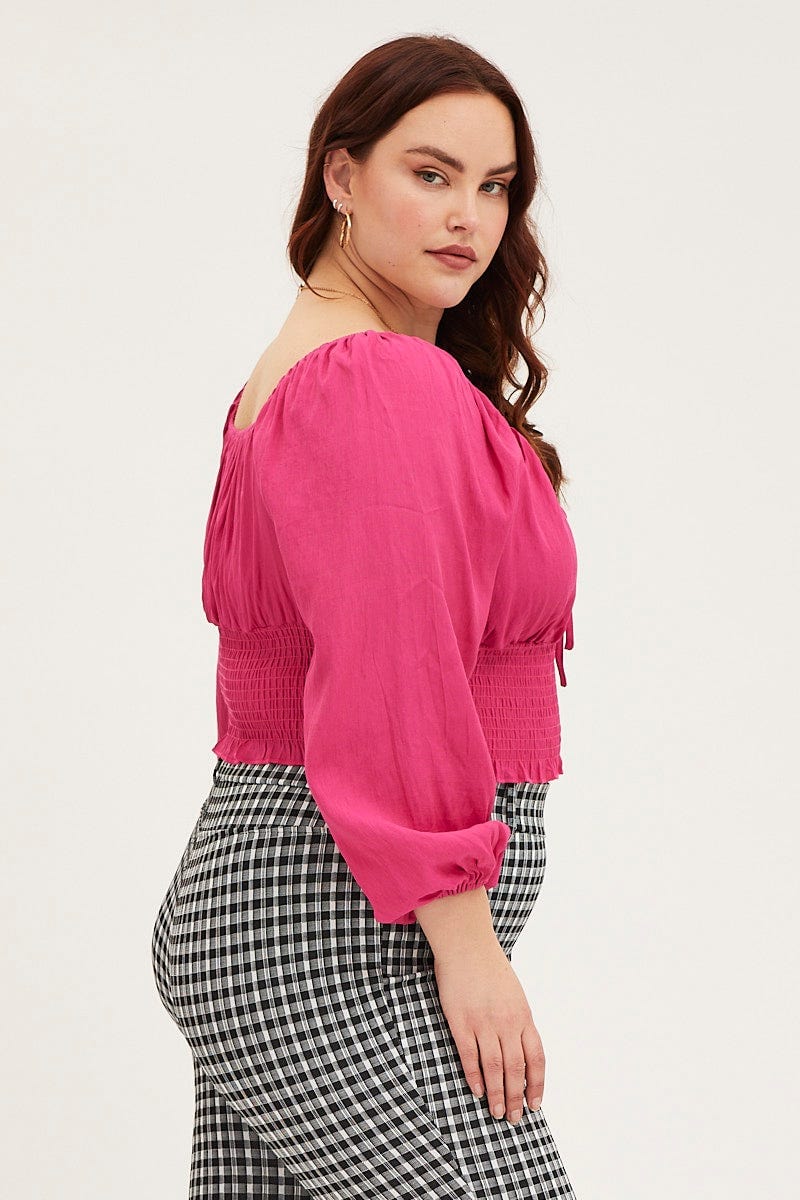 Pink Crop Top Long Sleeve Shirred - Image 4